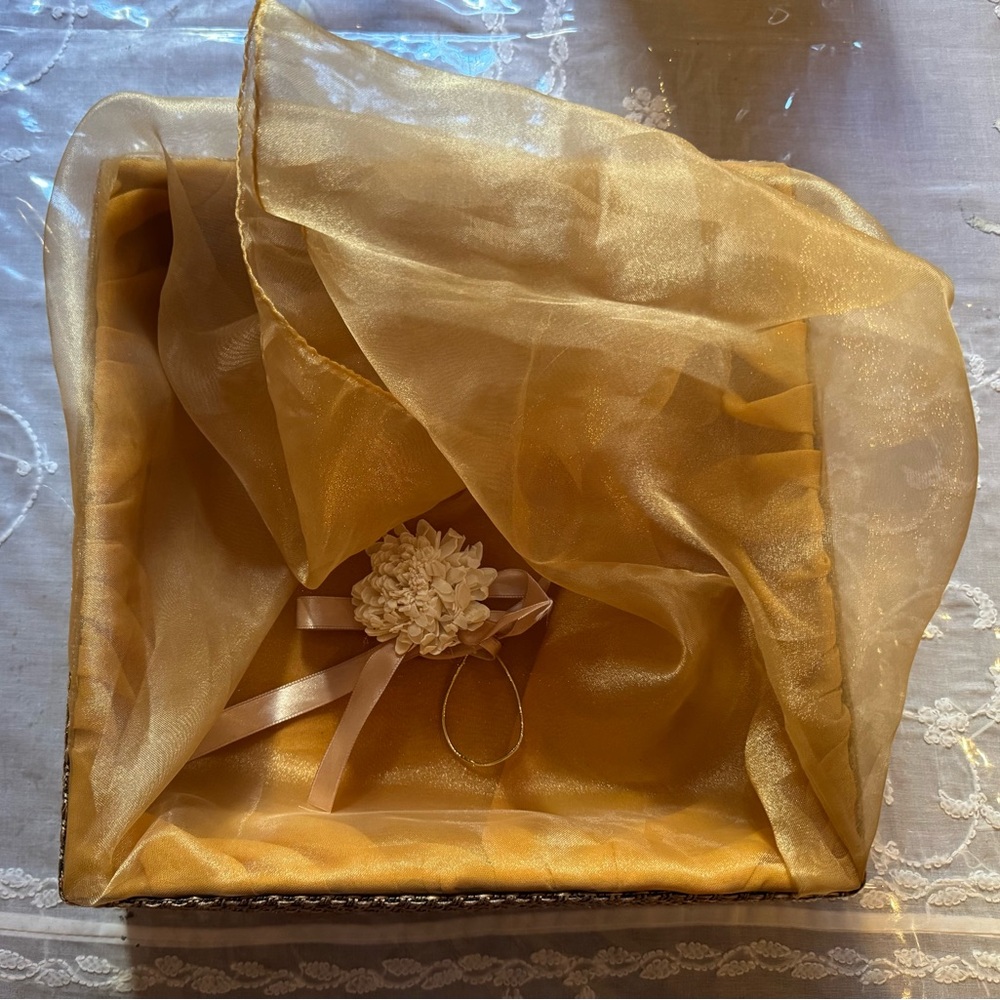 Elegant Box with Gold Sheer fabric cover with a Floral Accent